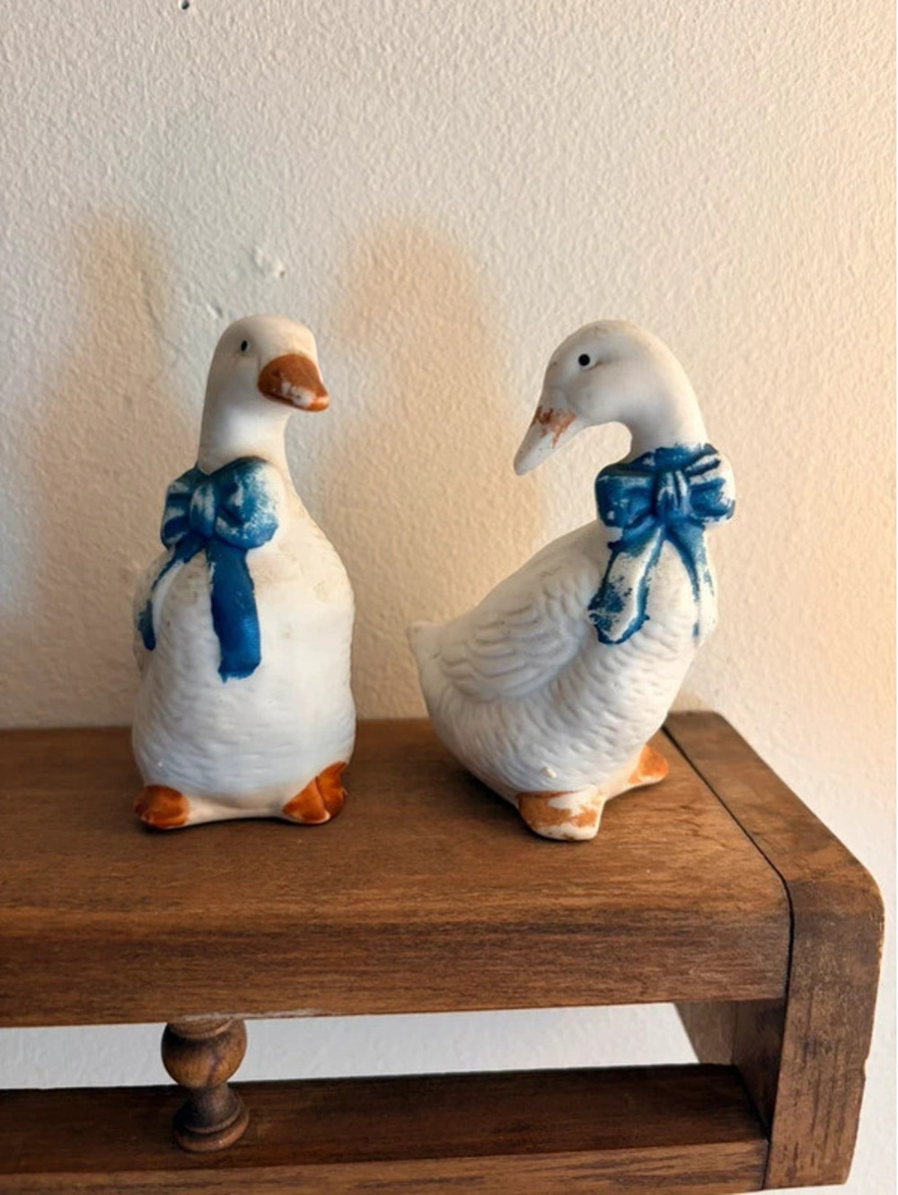 Vintage Ceramic Goose Figurines Pair Blue Bow 4” Cottage Farmhouse Decor